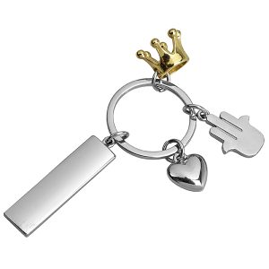 מחזיק מפתחות מתכת חמסה עם לב וכתר זהב ולוחית